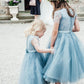 A-Line Mid-Calf Blue Lace Top Tulle Scoop Sleeveless Cheap Junior Flower Girl Dress JS528