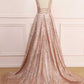 A Line Deep V Neck Long Prom Dress With Sequins, Glitter Sleeveless Evening Dress