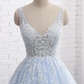 Princess Long Ball Gown Lace Tulle Prom Dresses, V Neck Formal Dresses