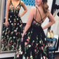 A Line Spaghetti Strap Black V Neck Prom Dresses Floral Print Formal Dresses JS816