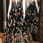 A Line Spaghetti Strap Black V Neck Prom Dresses Floral Print Formal Dresses JS816