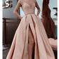 A Line Stunning Satin Beads Cap Sleeves Prom Dresses with High Slit Pockets JS891