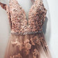 A line V Neck Lace Appliques Pink Spaghetti Straps Tulle Prom Dresses Formal Dresses JS768