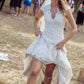 A Line V Neck Vintage High Low Capped Sleeves Lace Appliques Wedding Dresses JS332