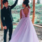 V-Neck A-Line Tulle Long Prom Dresses, Sexy Tulle Long Formal Dress
