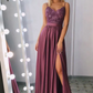 Classic A Line Spaghetti Straps Split Prom Dresses Long With Lace Bodice
