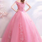 Off The Shoulder Puffy Tulle Prom Dresses, Floor Length Appliqued Quinceanera Dress
