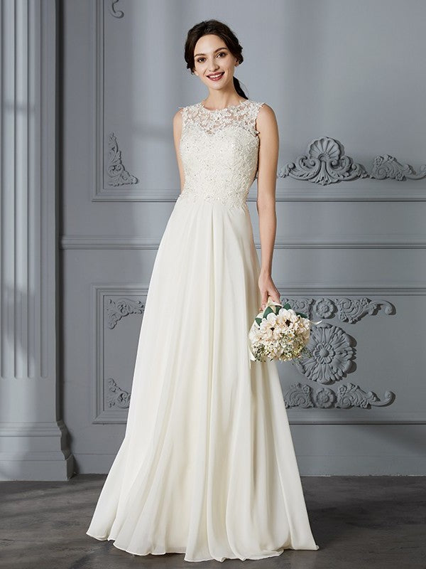 A-Line/Princess Sleeveless Chiffon Scoop Floor-Length Wedding Dresses