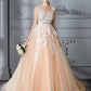Court Sleeveless Ball Train Scoop Gown Tulle Wedding Dresses