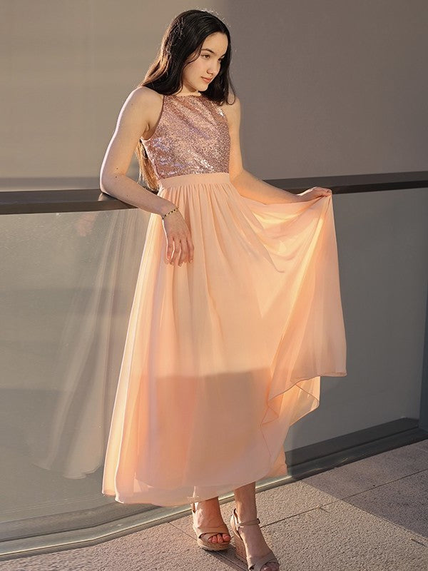 Scoop A-Line/Princess Ankle-Length Sleeveless Sequin Chiffon Junior/Girls Bridesmaid Dresses