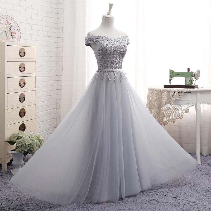 A-Line Gray Lace Off the Shoulder Tulle Lace-up Sweetheart Prom Dresses JS157