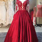 A-line Long Sleeves Sweetheart Lace Floor-Length Burgundy Cheap Prom Dresses JS760
