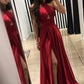 A-Line Cross Neck Floor-Length Sleeveless Dark Red Prom Dresses UK with Split Keyhole JS325