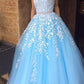A Line Sky Blue Strapless Lace Appliques Tulle Beads Pockets Floor Length Prom Dresses UK JS770